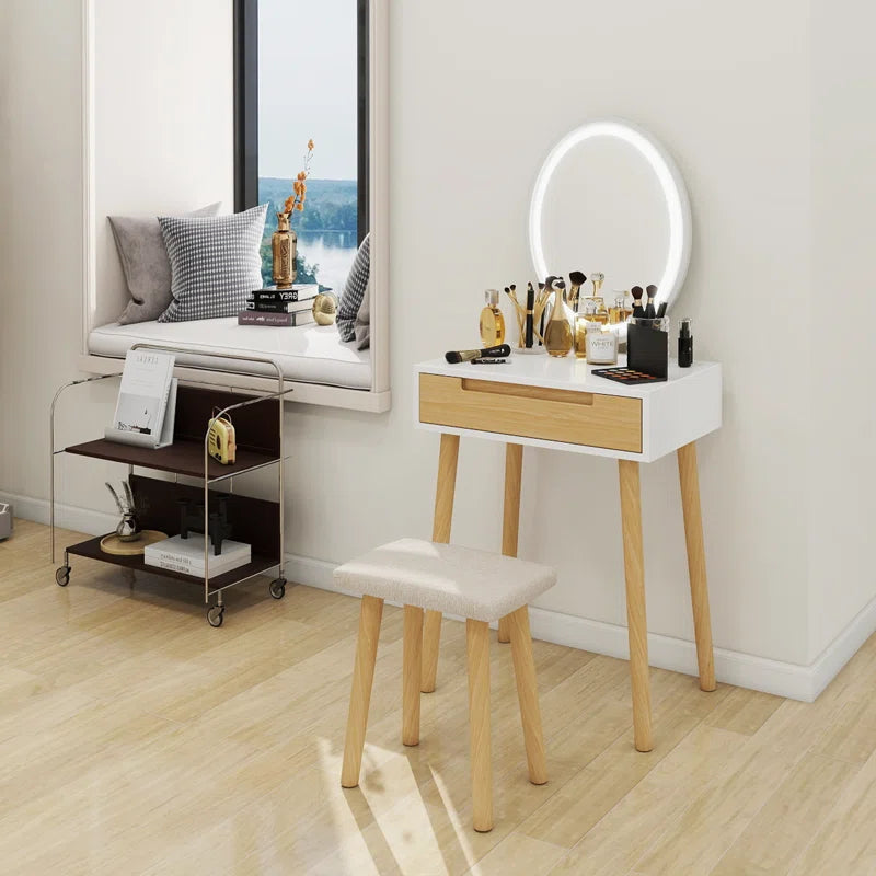 Leicester Vanity Table Set with Adjustable Brightness Mirror and Cushioned Stool
