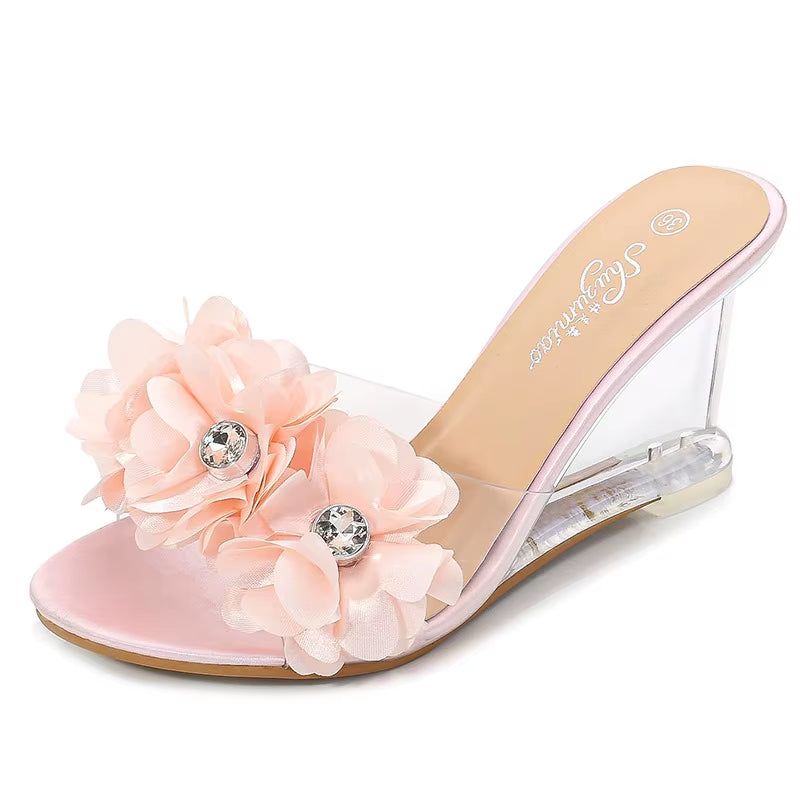 New High Heels Women'S Summer Versatile Women'S Shoes Flowers Simple Slope Heels Sandals Transparent Heels LFD