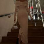 White Pleated Slim Maxi Dress Elegant for Women Patchwork Off-Shoulder Fashion High Waist Dress Ladies Solid Party Dress