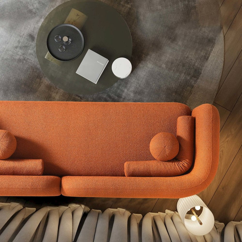 Bodur Japandi Style Luxury Modern Orange Boucle Fabric Curvy Arm Couch