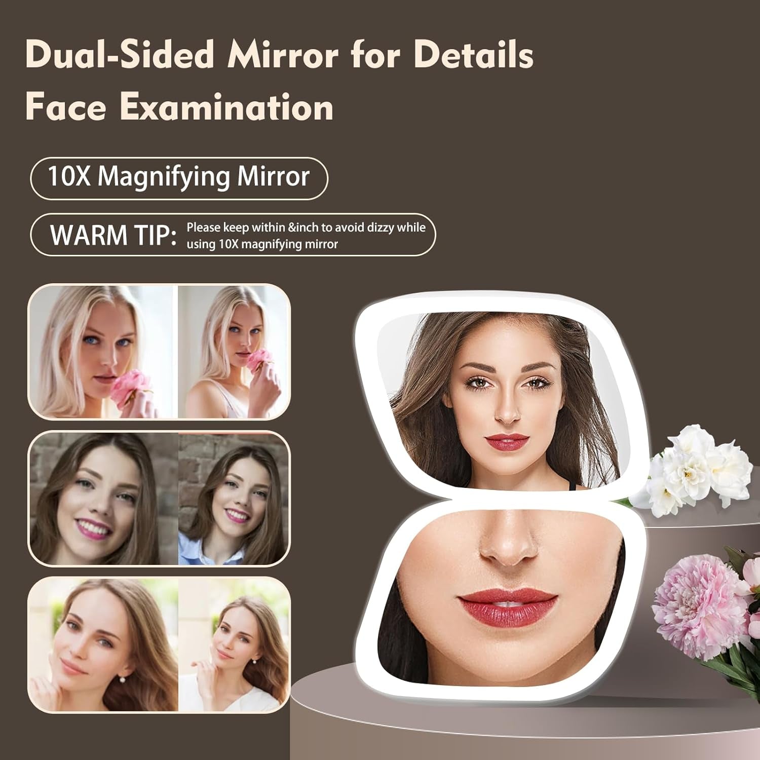 Compact LED Travel Makeup Mirror with 1X/10X Magnification,Compact Design: the Mirror Is Designed to Be Small and Portable, Making It Easy to Take with You On-The-Go, White