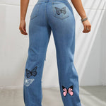 High Waisted Straight Leg Jeans for Women Trendy Butterfly Print Ripped Distressed Denim Pants