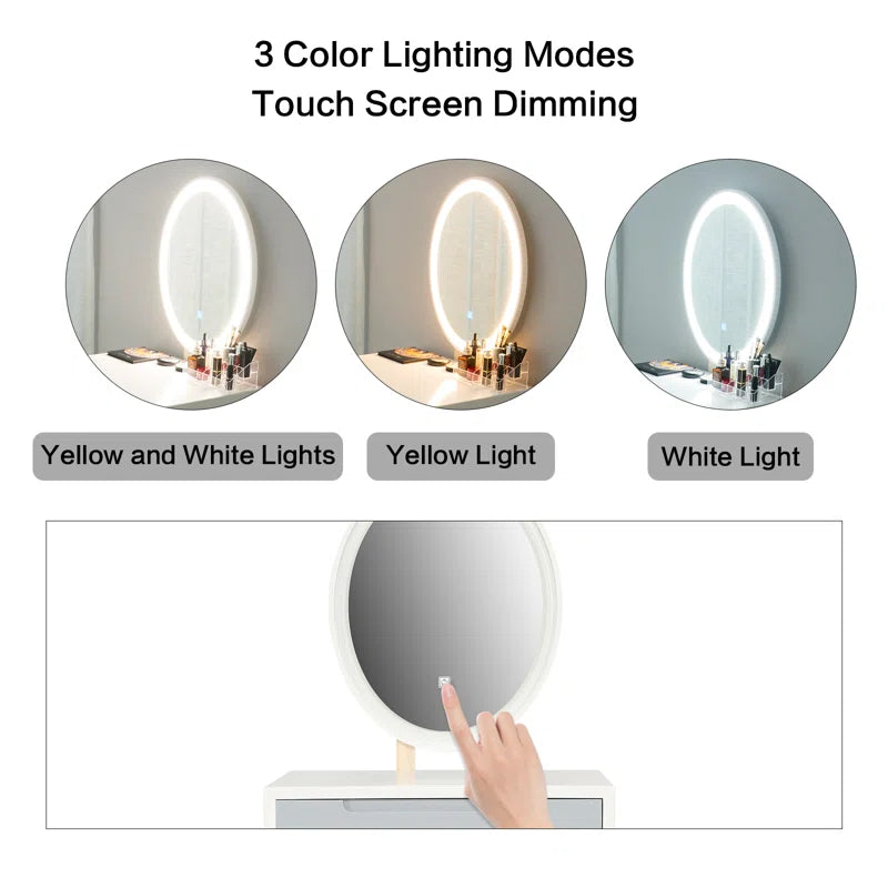 Leicester Vanity Table Set with Adjustable Brightness Mirror and Cushioned Stool