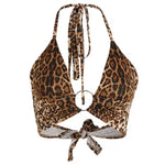Leopard Printed Sexy Halter Crop Top Women Camis Backless Bandage Lace up Sequins Metal Ring Tank Top 2020 Party Club Bustier