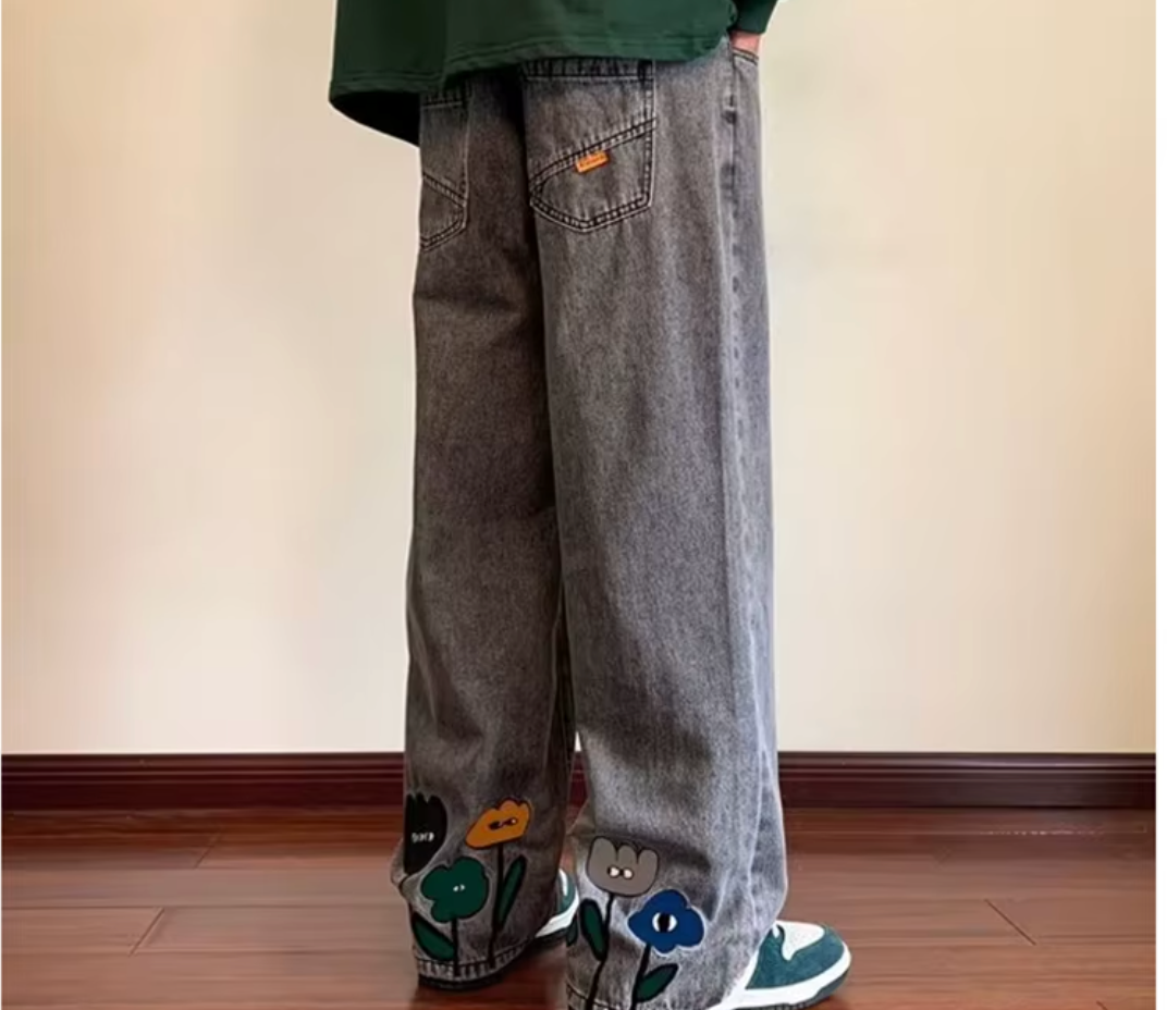 New Men'S Y2K Flower Printed Baggy Jeans 2025 Streetwear American Casual Denim Wide-Leg Pants Hombre Vintage Straight Trousers