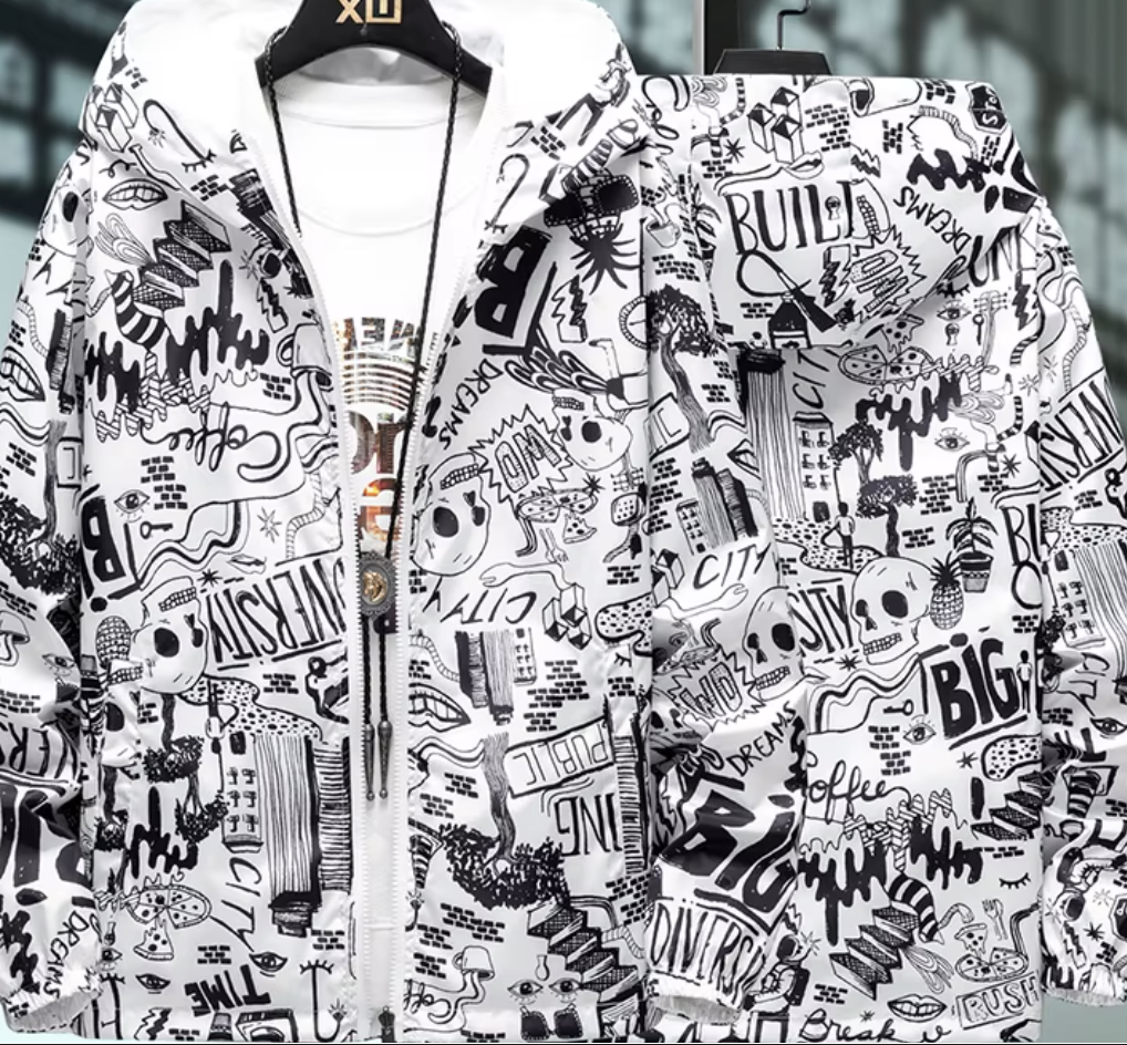 Strewear Graffiti Printed Fashion Reversible Jacket Men Thin Hooded Jackets Windbreakers Clothing plus Size M-5XL