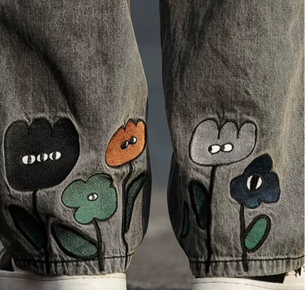 New Men'S Y2K Flower Printed Baggy Jeans 2025 Streetwear American Casual Denim Wide-Leg Pants Hombre Vintage Straight Trousers