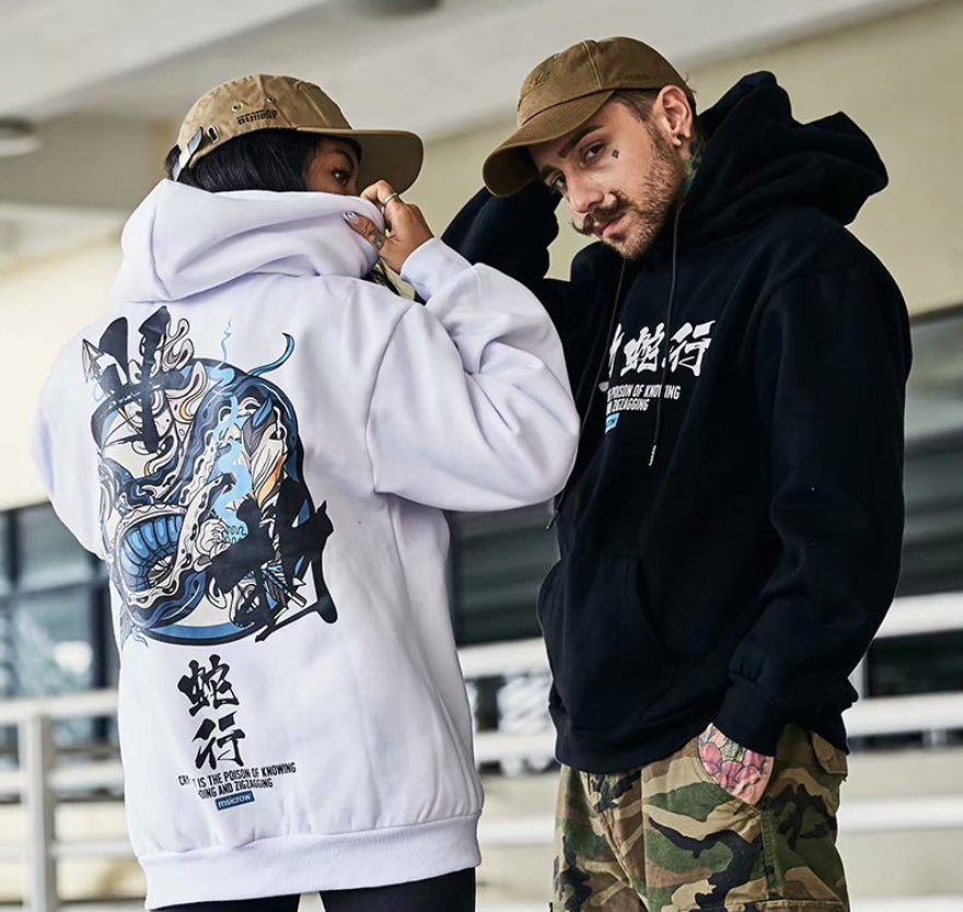 New Hoodies Men Chinese Letter Hooded High Street Pullover Sweatshirt Men Fashion Hip Hop Autumn Winter Casual Streetwear and Printed Loose Men'S Short Sleeve