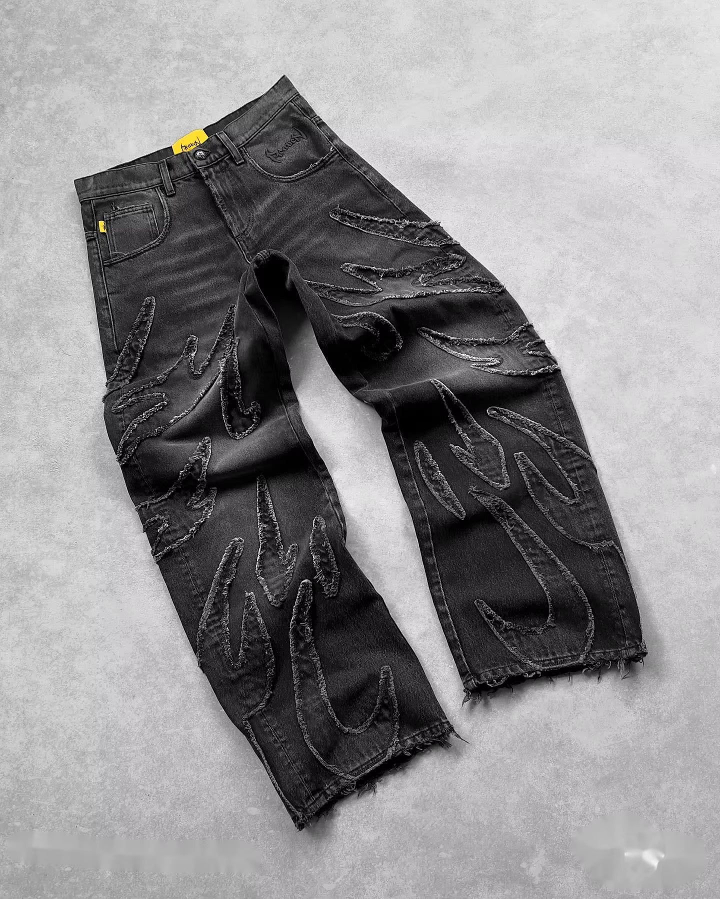 Y2K Street Retro Raw Edge Embroidery Baggy Jeans Men Women Fashion Hip Hop Patchwork High Waisted Denim Pants Ripped Jeans 2024