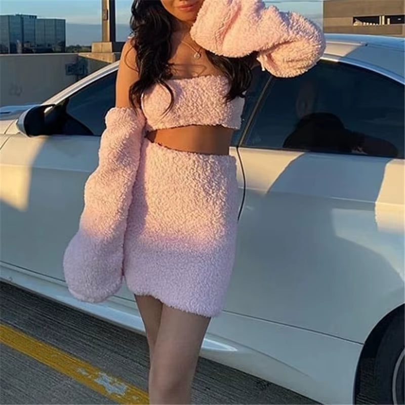 Two Piece White Fluffy Plush Sets Women Separate Long Sleeve Sexy Tops and Short Skirt Fashion Christmas Party Slim Girls Sets