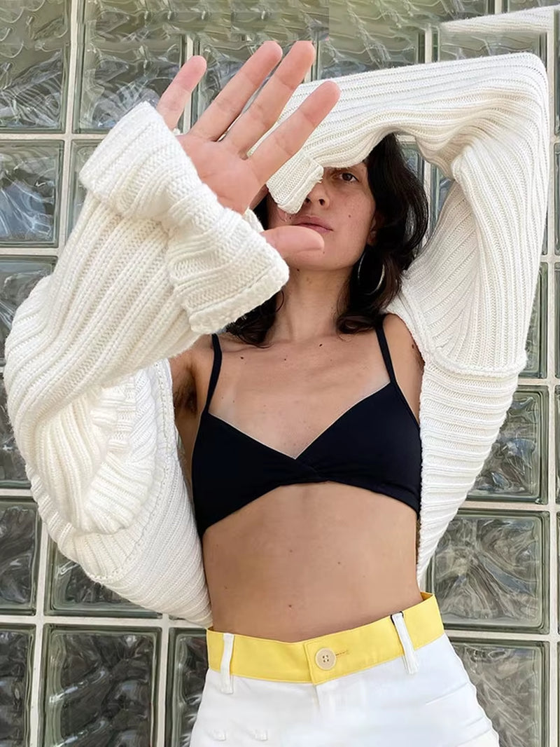White Women Sweater Shrugs Cropped Top Full Lantern Sleeve Knitwear Pullover Sexy Summer High Street Outwear 2023 Spring