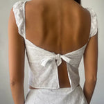 Sexy Backless Tie up Camis Y2K Vintage White Jacquard Hollow Out Crop Tops 2000S Retro Fairy Coquette Milkmaid Tops Tank Vest