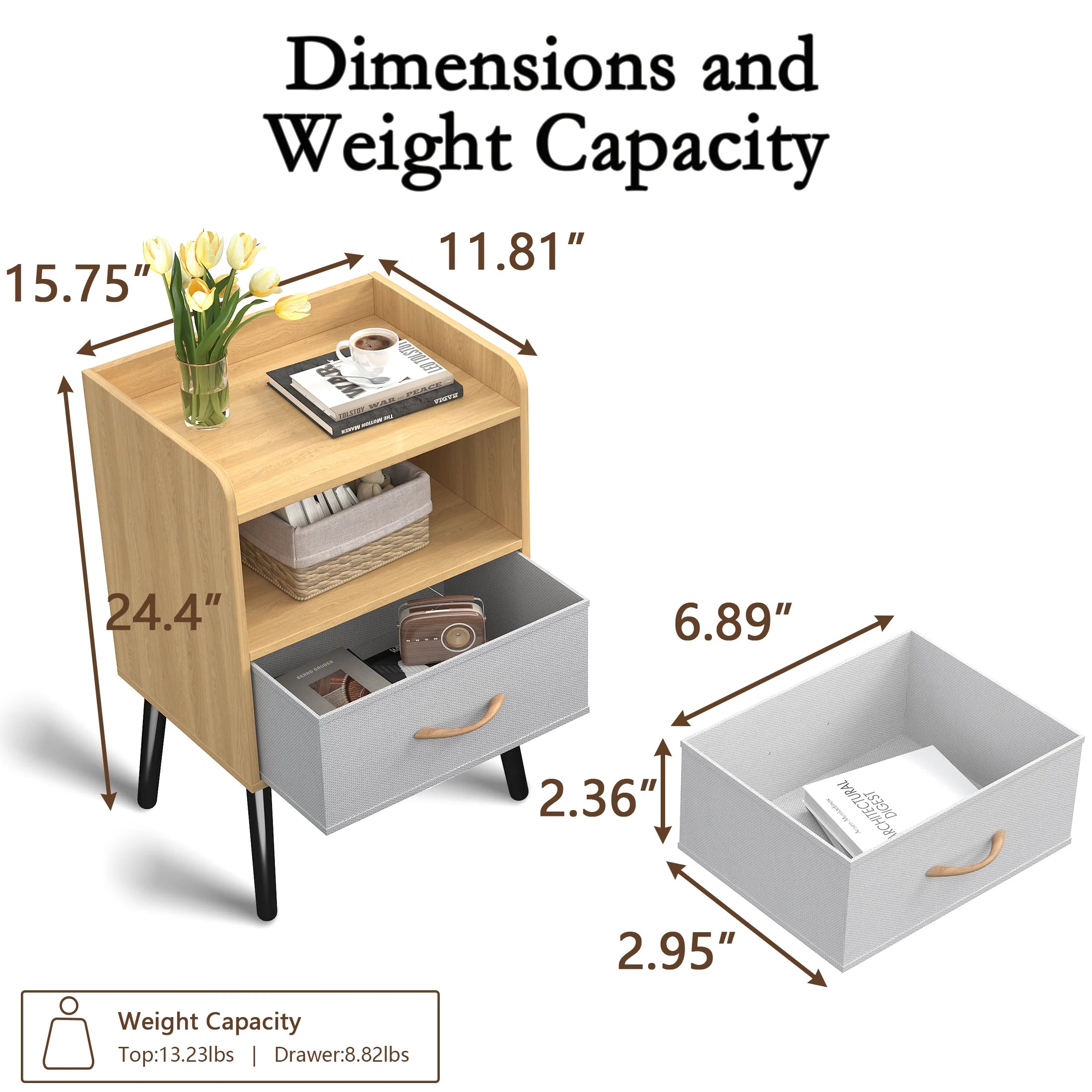 Oak Nightstand Set of 2 with Drawer and Shelf, 2-Tier Storage End Table, Versatile Nightstand for Kids Adults, Modern End Side Table for Home and Office