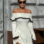 Knit Off-Shoulder Sweater Mini Dress Women'S Lace Patchwork Ribbed Slim Backless Elegant Party Dress Knitwear Mini Dress