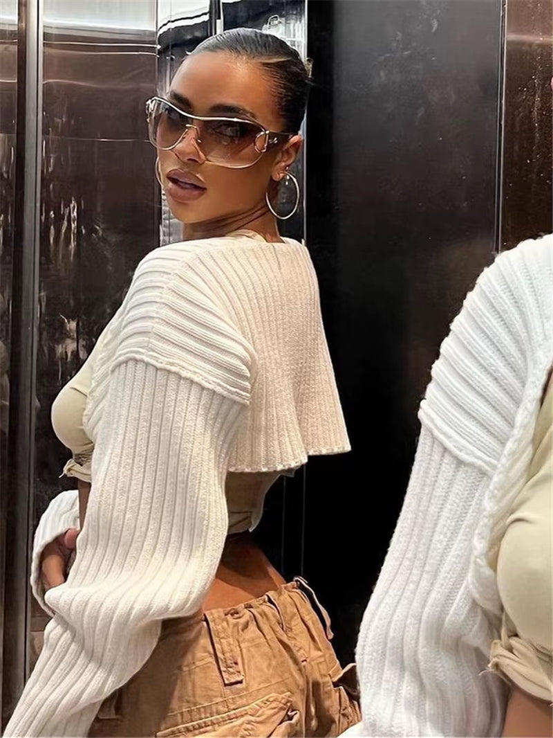White Women Sweater Shrugs Cropped Top Full Lantern Sleeve Knitwear Pullover Sexy Summer High Street Outwear 2023 Spring