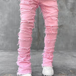 Men Trousers Individual Patched Pants Long Tight Fit Stacked Jeans for Mens Clothing