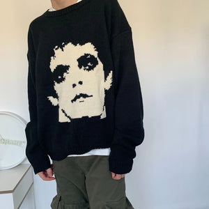 Gothic Extinct Portrait Print Pullover Hip Hop Streetwear Knitted Oversized Sweater Men Winter Harajuku Cotton Sweater Unisex