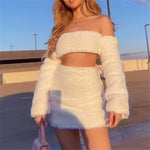 Two Piece White Fluffy Plush Sets Women Separate Long Sleeve Sexy Tops and Short Skirt Fashion Christmas Party Slim Girls Sets