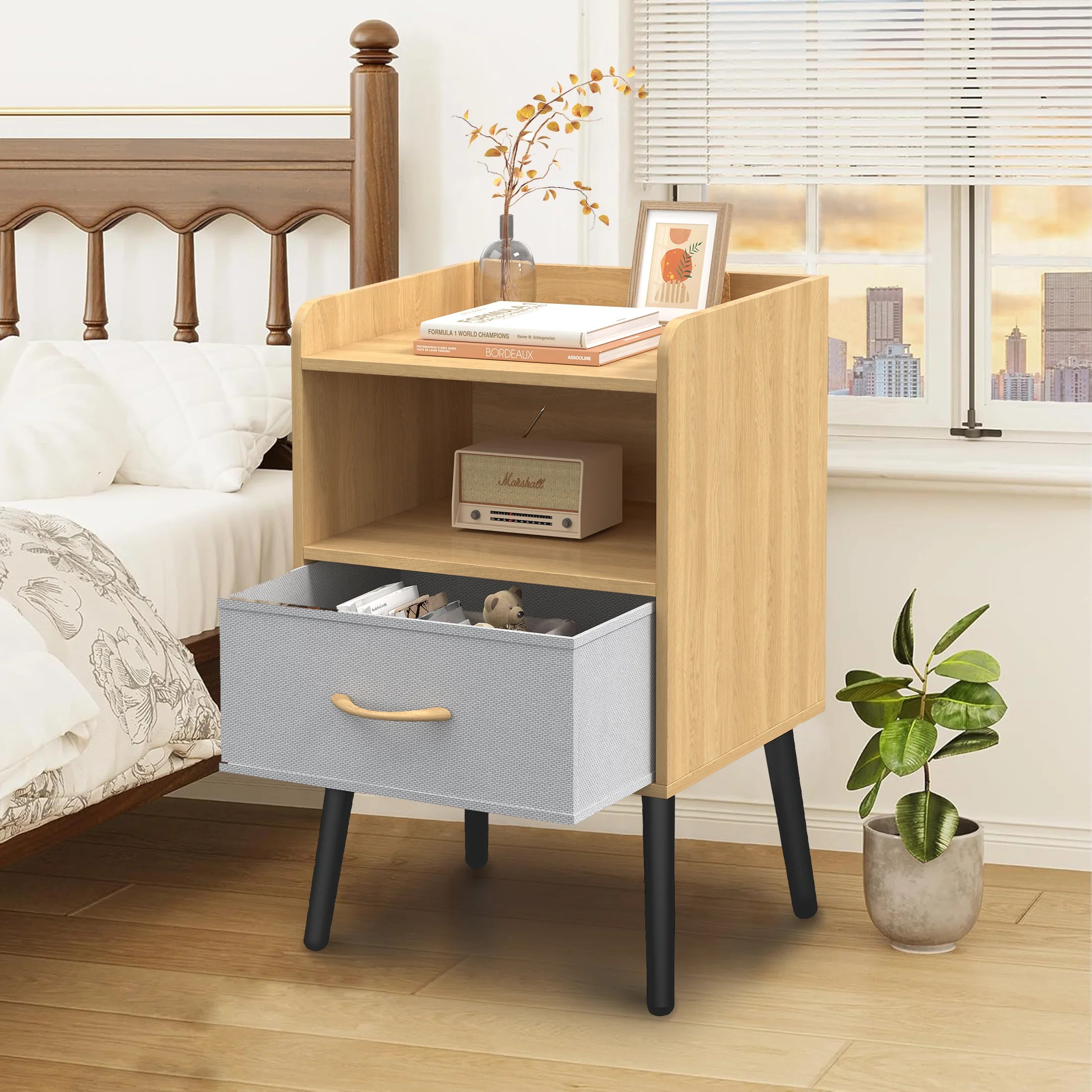 Oak Nightstand Set of 2 with Drawer and Shelf, 2-Tier Storage End Table, Versatile Nightstand for Kids Adults, Modern End Side Table for Home and Office