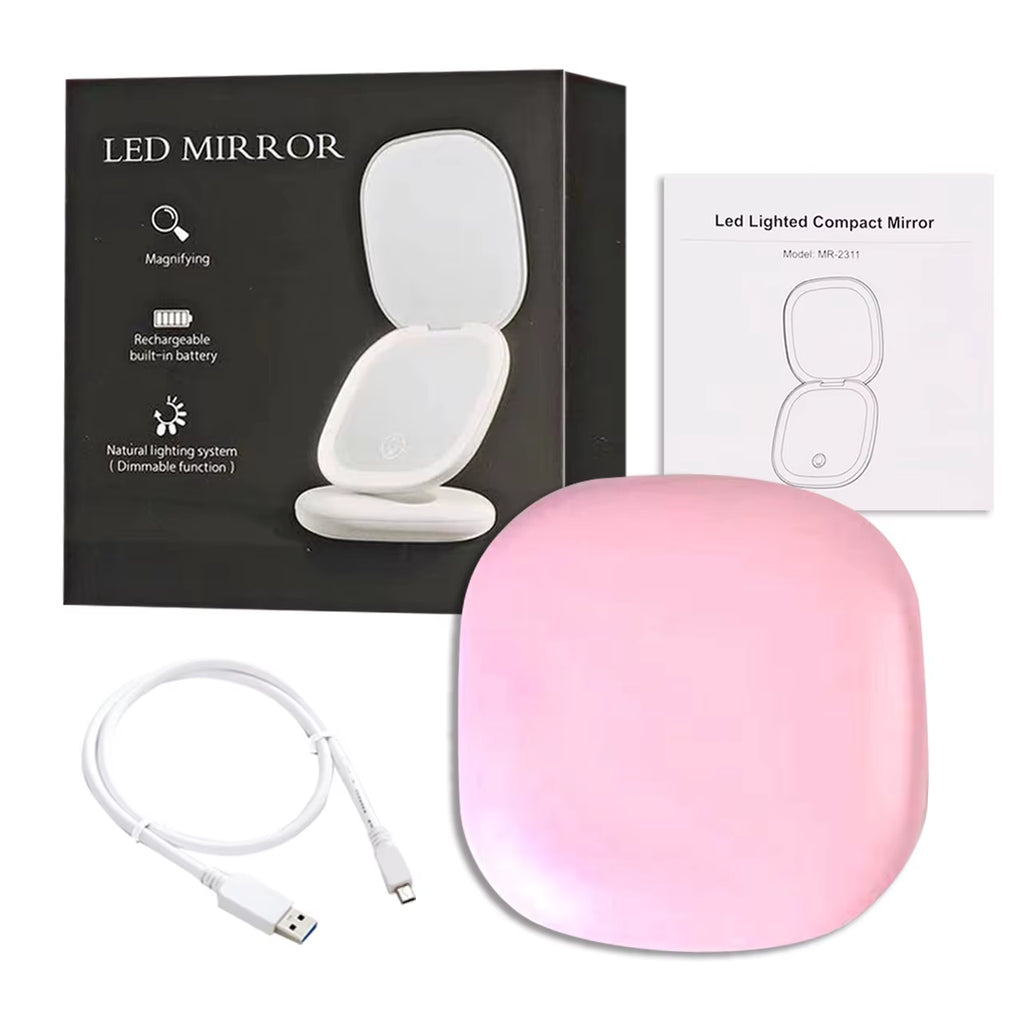 LED Makeup Mirror with Light 5X Magnifying Mini Compact Small Pocket Portable Travel Pink Black Foldable Cosmetic Vanity Mirrors