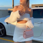 Two Piece White Fluffy Plush Sets Women Separate Long Sleeve Sexy Tops and Short Skirt Fashion Christmas Party Slim Girls Sets