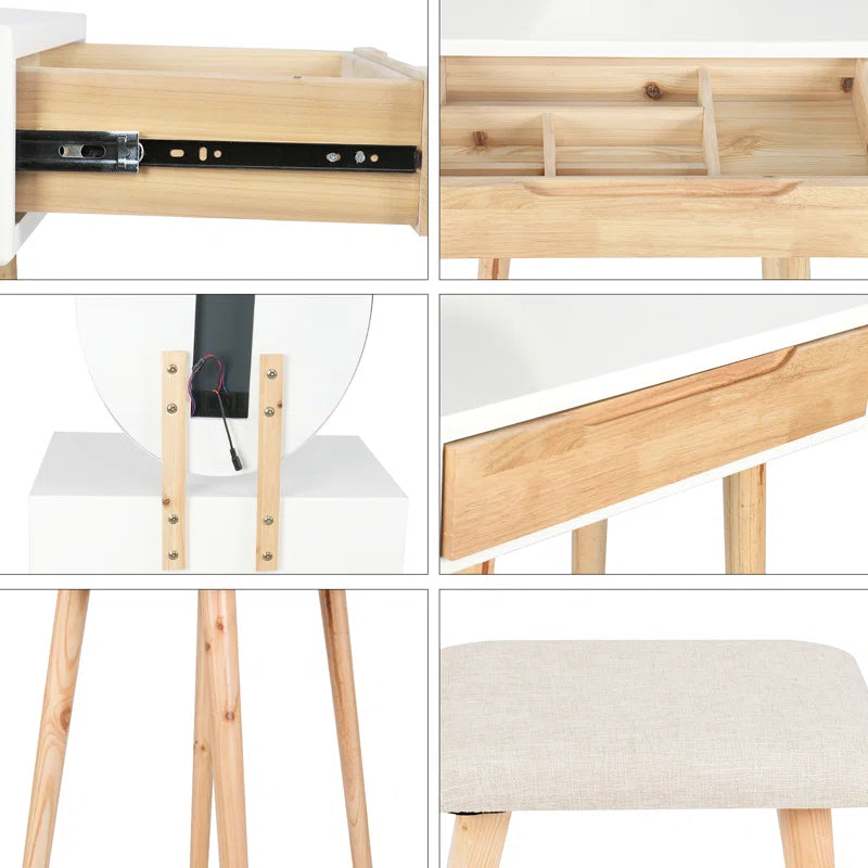 Leicester Vanity Table Set with Adjustable Brightness Mirror and Cushioned Stool