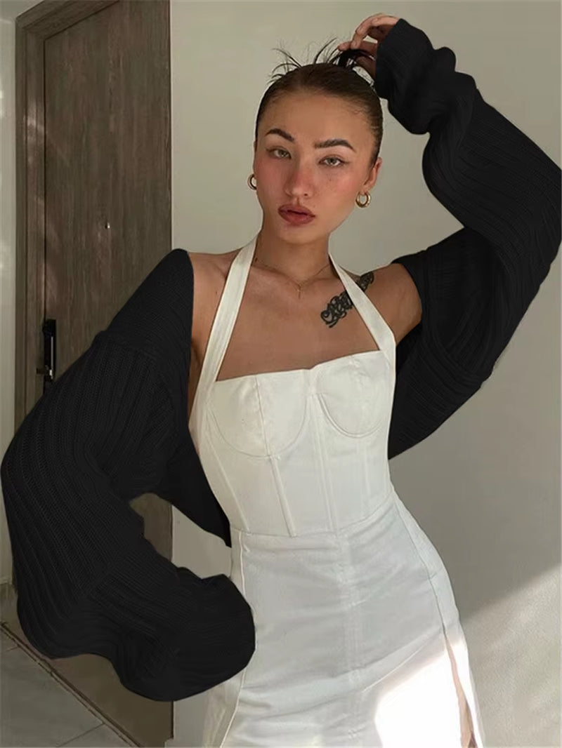 White Women Sweater Shrugs Cropped Top Full Lantern Sleeve Knitwear Pullover Sexy Summer High Street Outwear 2023 Spring