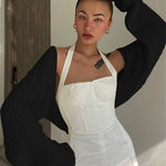 White Women Sweater Shrugs Cropped Top Full Lantern Sleeve Knitwear Pullover Sexy Summer High Street Outwear 2023 Spring