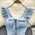 SINGREINY Summer Solid Ruffled Camis Women Square Neck Sleeveless Bow Elastic Waist Strap Top Ladies Sweet Korea Short Tank Top